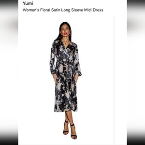 Women's Black Floral Satin Long Sleeve Midi Dress